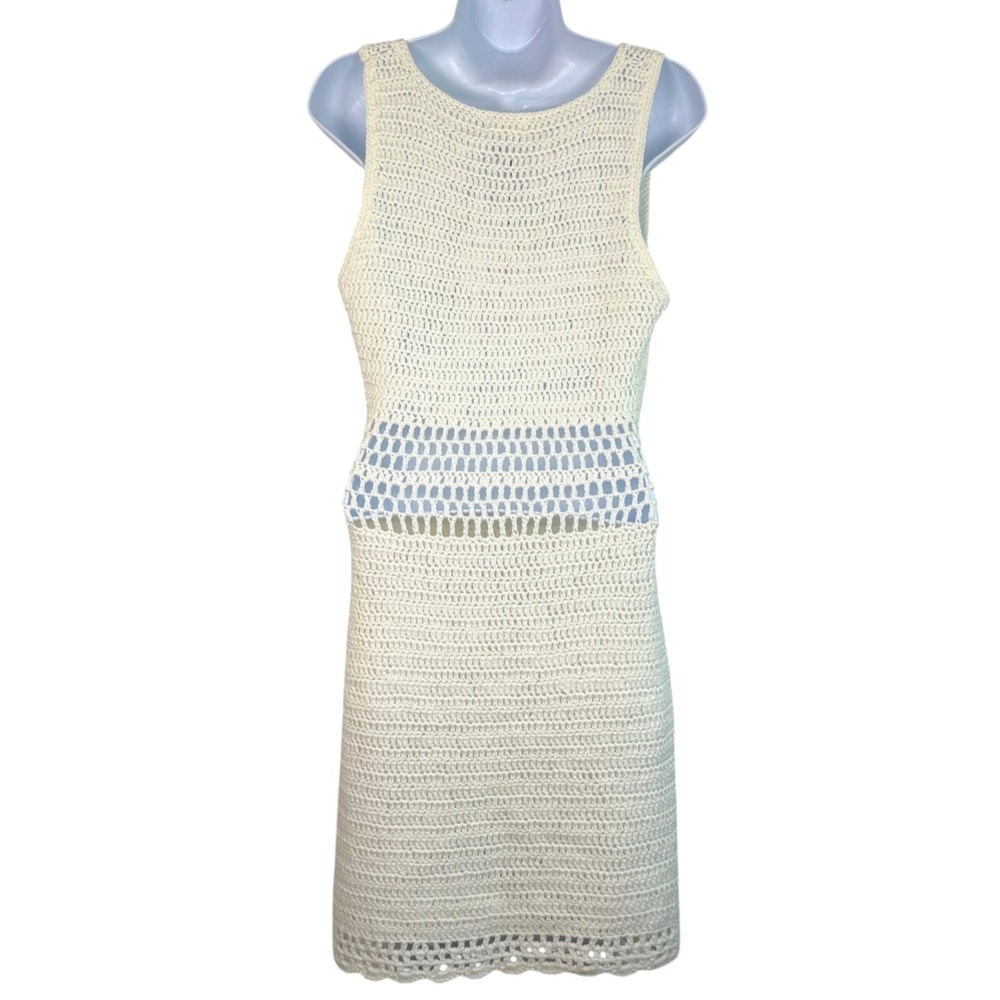 Superdown Open Knit Crochet Mini Dress Sz L Ivory Boho Beach Cover Up Festival - Picture 4 of 10